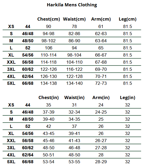 2025 Harkila Mens Trousers  Size Chart